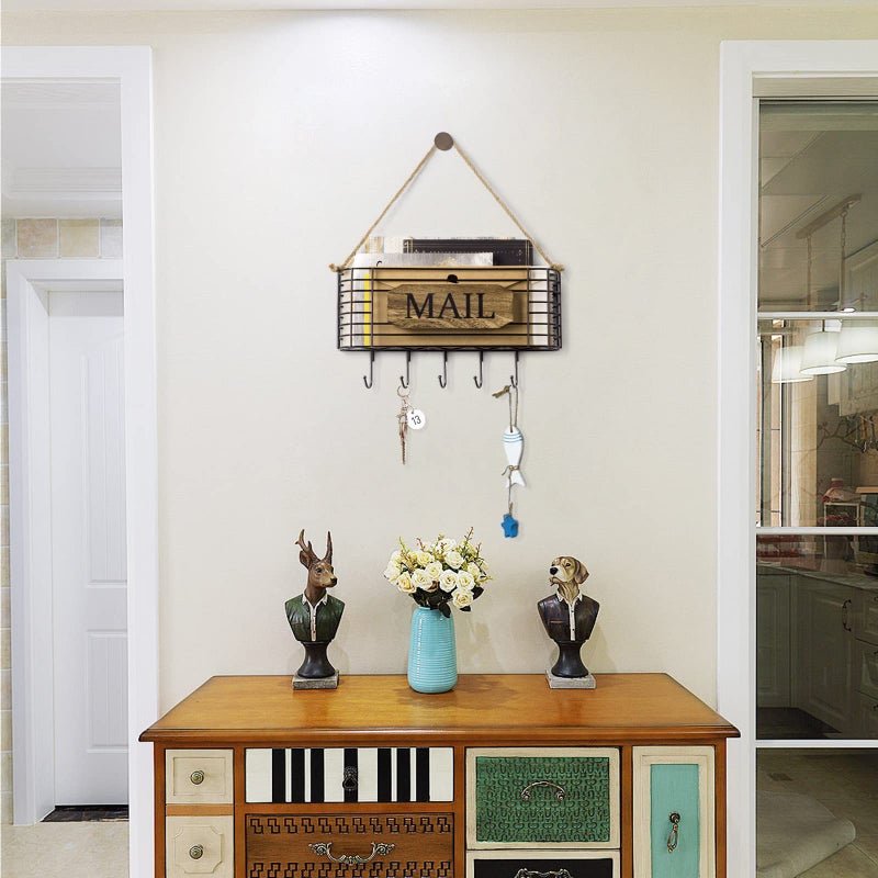 SRIWATANA Mail Holder, Rustic Mail Organizer Wall Mount Hanging Mail Sorter Letter Basket with 5 Key Holder for Wall, Large, Carbonized Black - Image 2
